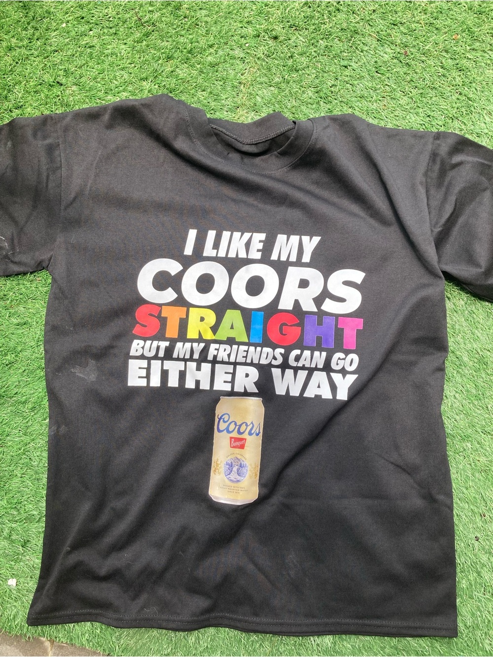 Gildan Black T-Shirt with Multicolor Pride Text & Coors Can Graphic